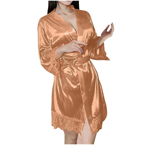 Ixbnca Women Silk Satin Pajama Robe Wedding Party Bathrobe Soft Loungewear Knee Length Sleepwear Pajamas Gown