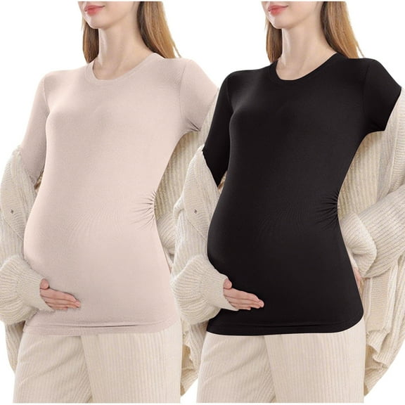 Ixbnca Women's 2 Pack Maternity Shirts Long Sleeve Thin Pregnancy Tops Side Ruched Stretch Basic T-Shirts
