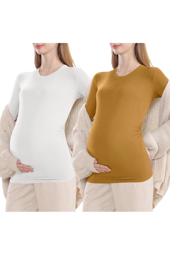 Women's 2 Pack Maternity Shirts Long Sleeve Thin Pregnancy Tops Side Ruched Stretch Basic T-Shirts