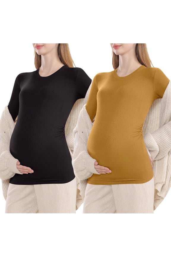 Women's 2 Pack Maternity Shirts Long Sleeve Thin Pregnancy Tops Side Ruched Stretch Basic T-Shirts