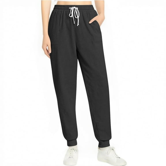 Ixbnca Women's Corduroy Pants with Pockets High Waisted Casual Drawstring Tapered Trousers for Women