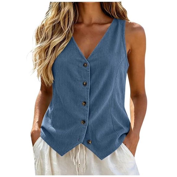 Ixbnca Women's Corduroy Vest Dressy Button Front Sleeveless Loose Tops Elegant V Neck Fashion Plain Business Vest