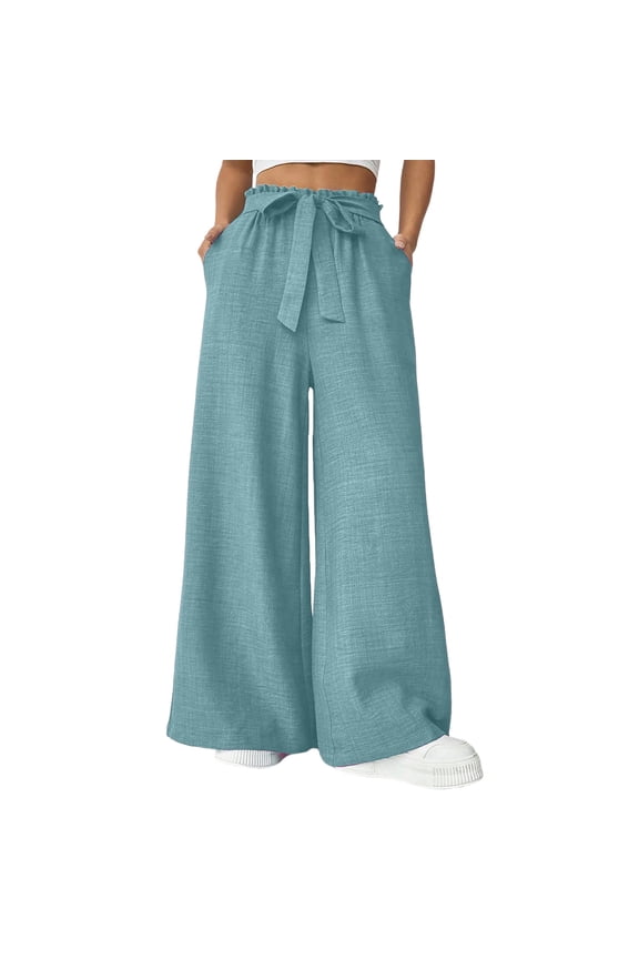 Women's Long Pants Dressy Tie Knot High Rise Palazzo Pants Casual Wide Leg Workwear Trousers with Pockets