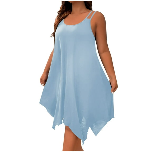 Ixbnca Women's Plus Size Dress Summer Spaghetti Strap Flowy Midi Dress Asymmetrical Hem Beach Coverup