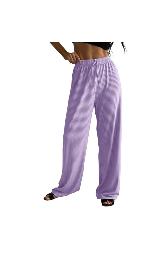 Women's Ribbed Knit Pants Wide Leg Stretch Casual Pants High Waist Comfy Lounge Pants for Women