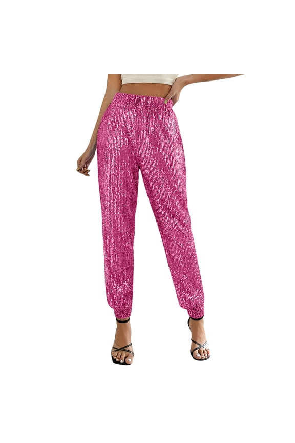 Women's Sequin Joggers Elastic High Waist Sparkly Pants Glitter Party Pants Clubwear for Evening