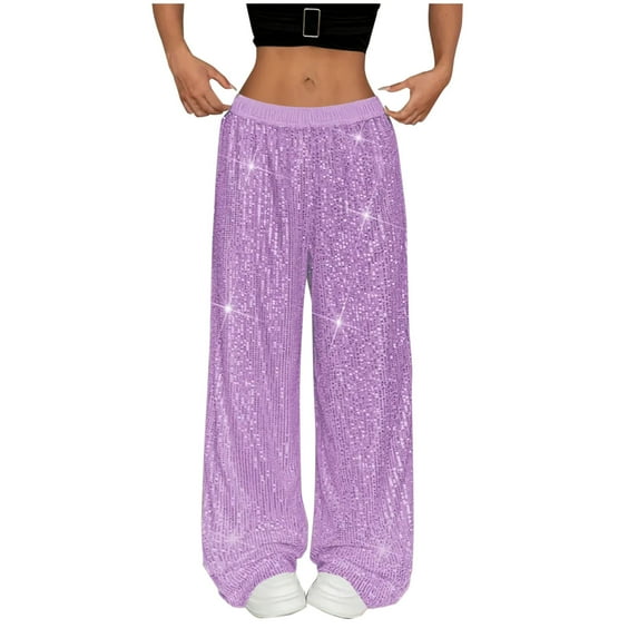 Ixbnca Women's Sparkly Wide Leg Sequin Pants Elastic High Waist Womens Trendy Glitter Pants for Party Club