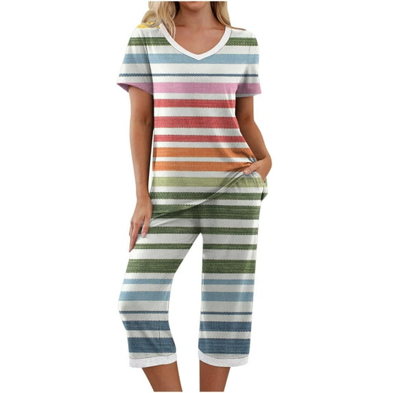 Ixbnca Women's V Neck Pajamas Set Short Sleeve Tops Capri Pants Pjs Loose Fittting Striped Lounge Sleepwear