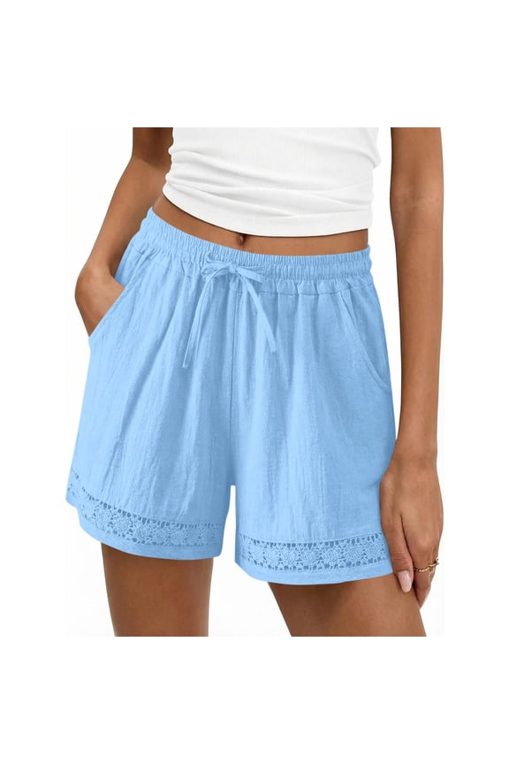 Womens Cotton Linen Shorts Summer Loose Casual Shorts Lightweight Lace Boho Beach Cover up Shorts