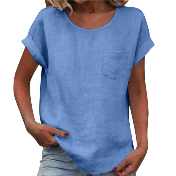 Ixbnca Womens Cotton Linen T Shirts with Pocket Short Sleeve Crewneck Tops Casual Loose Tee Blouses