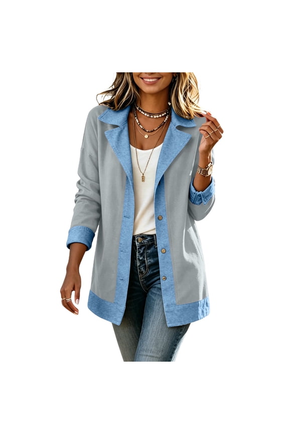Womens Mid Length over Coat Fashion Denim Patchwork Collared Jackets 3/4 Sleeve Button Down Cover Up Jacket