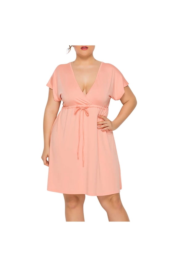 Womens Plus Size Dress Summer Wrap V Neck Short Sleeve Mini Dresses Drawstring Waist Sundress