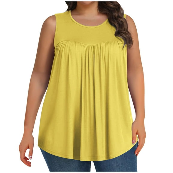 Ixbnca Womens Plus Size Tank Tops Dressy Casual Summer Sleeveless Crew Neck Tops Loose Pleated Basic Tunics T-Shirts