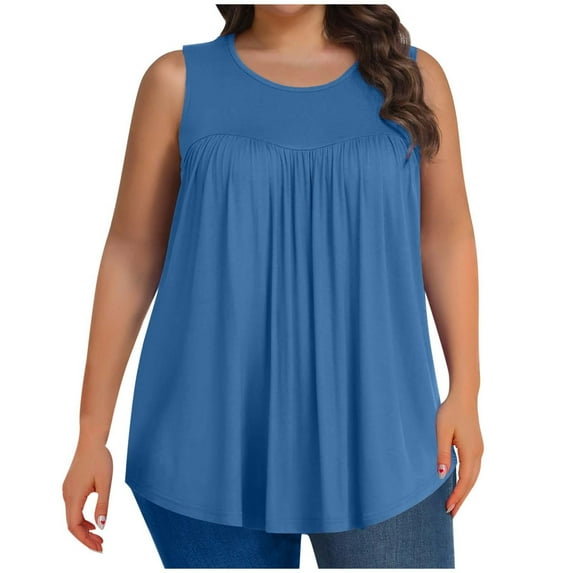 Ixbnca Womens Plus Size Tank Tops Dressy Casual Summer Sleeveless Crew Neck Tops Loose Pleated Basic Tunics T-Shirts