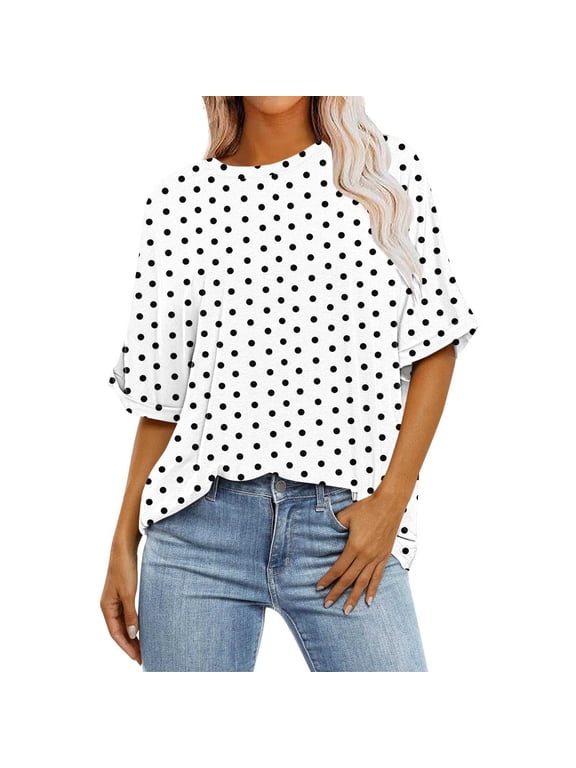 Womens Polka Dot Printed Blouse Plus Size Short Sleeve Tshirt Round Neck Loose Fitting Comfy Tops