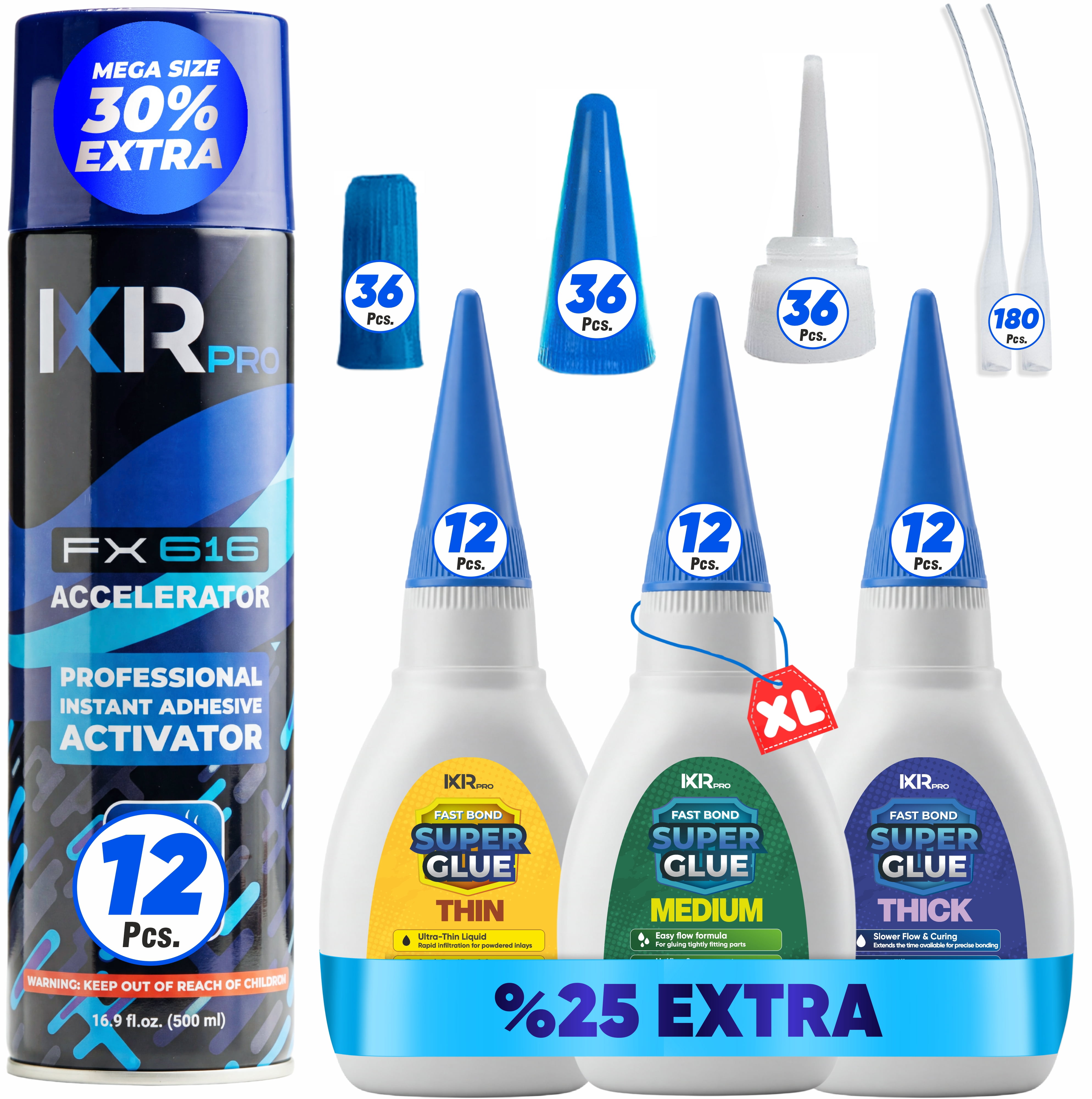 Ixirpro CA Glue & Accelerator Kit - 36 x 1.75 oz (Thin, Medium, Thick) + 16.9 oz Fast Drying&nbsp;Accelerator