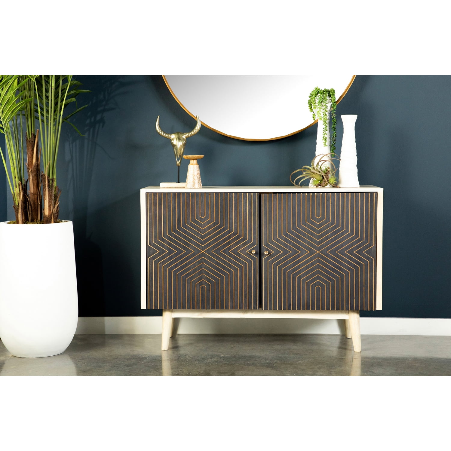 White Washed and Black Mango Wood 2-Door Accent Cabinet