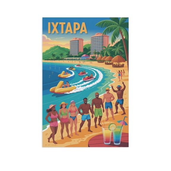 Ixtapa Retro City Travel Poster with Beach Activities, Vintage Hotels And Fun Style Canvas Poster