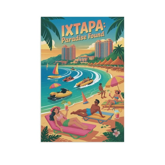 Ixtapa Vintage City Travel Poster with Jet Skis, Bars And Warm Sunset Horizon Canvas Poster