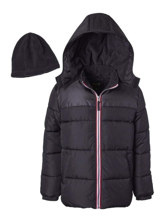 BLACK Big Boy's Canvas Yoke Puffer Jacket with Fleece Hat Set, US Large