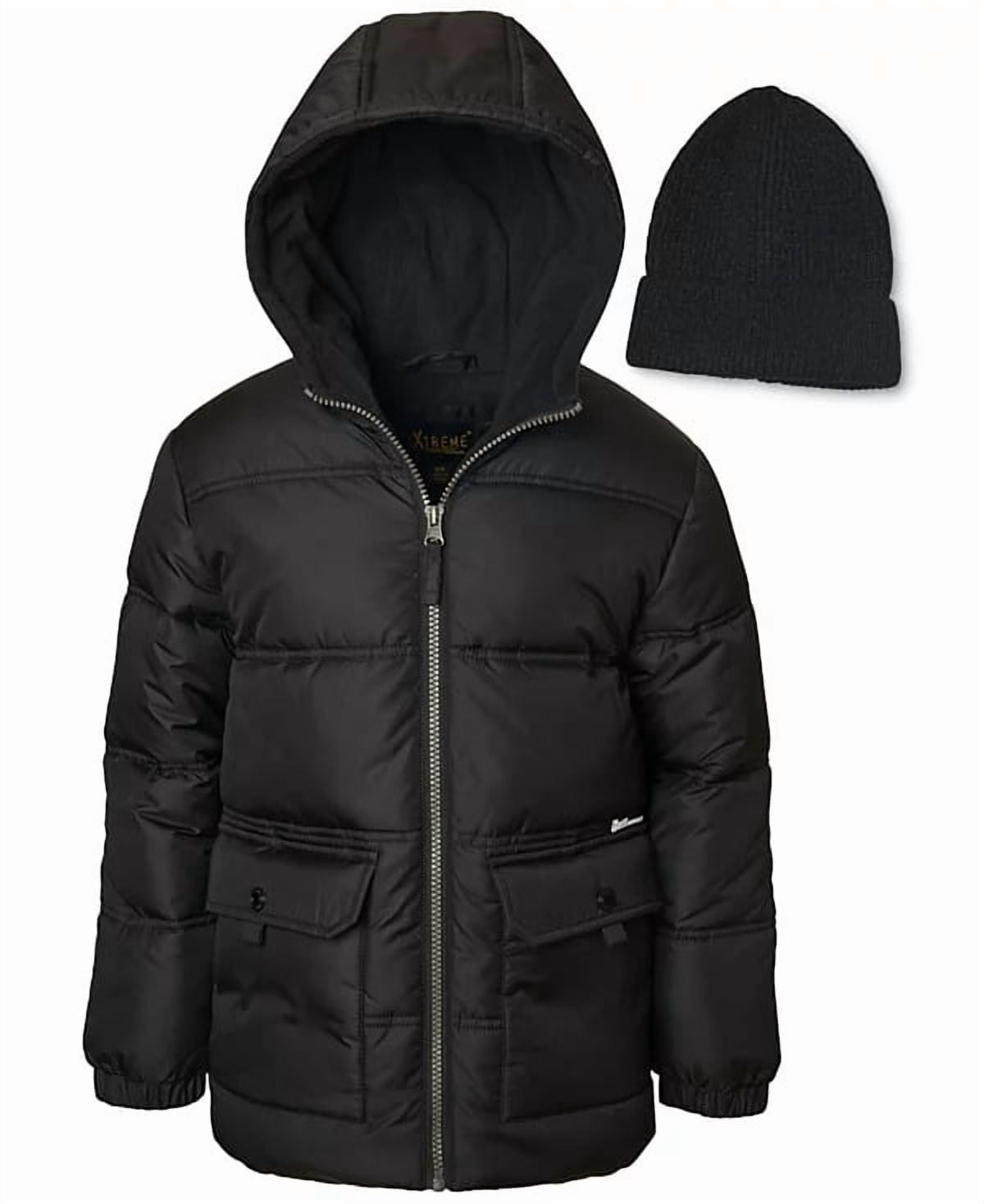 Ixtreme BLACK Big Boys Full-Zip Hooded Puffer Jacket w/ Knit Beanie, US Large
