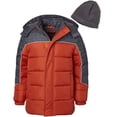 thumbnail image 1 of Ixtreme Boys BARN ORANGE/GREY Color Block Puffer Jacket Free Hat 7, 1 of 3