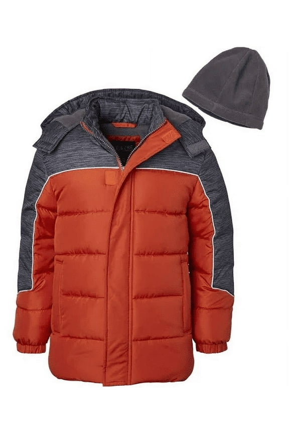Boys BARN ORANGE/GREY Color Block Puffer Jacket Free Hat 7