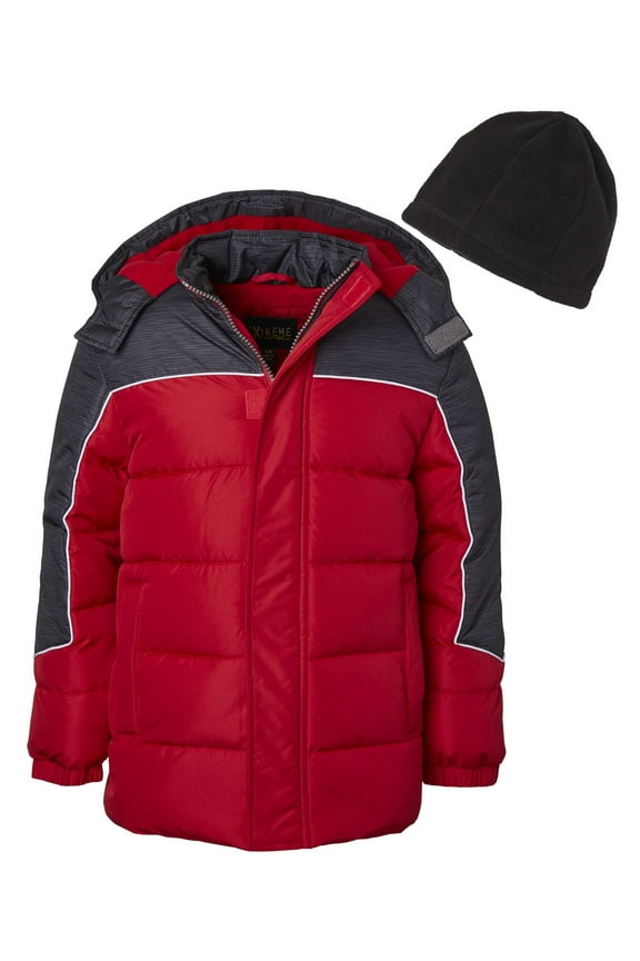 Boys RED/DARK GREY Color Block Puffer Jacket Free Hat 2T