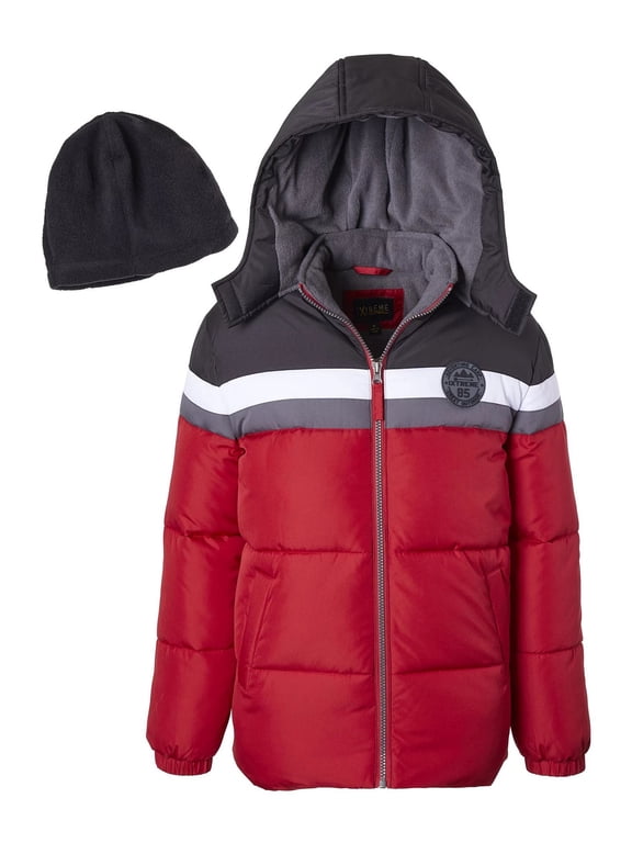 RED Big Boys Color Blocked Puffer Jacket with Fleece Hat Set, US Large