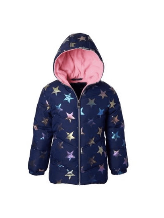 Toddler Girls All Over Fall Star Puffer Jacket with Fleece Hood - Navy