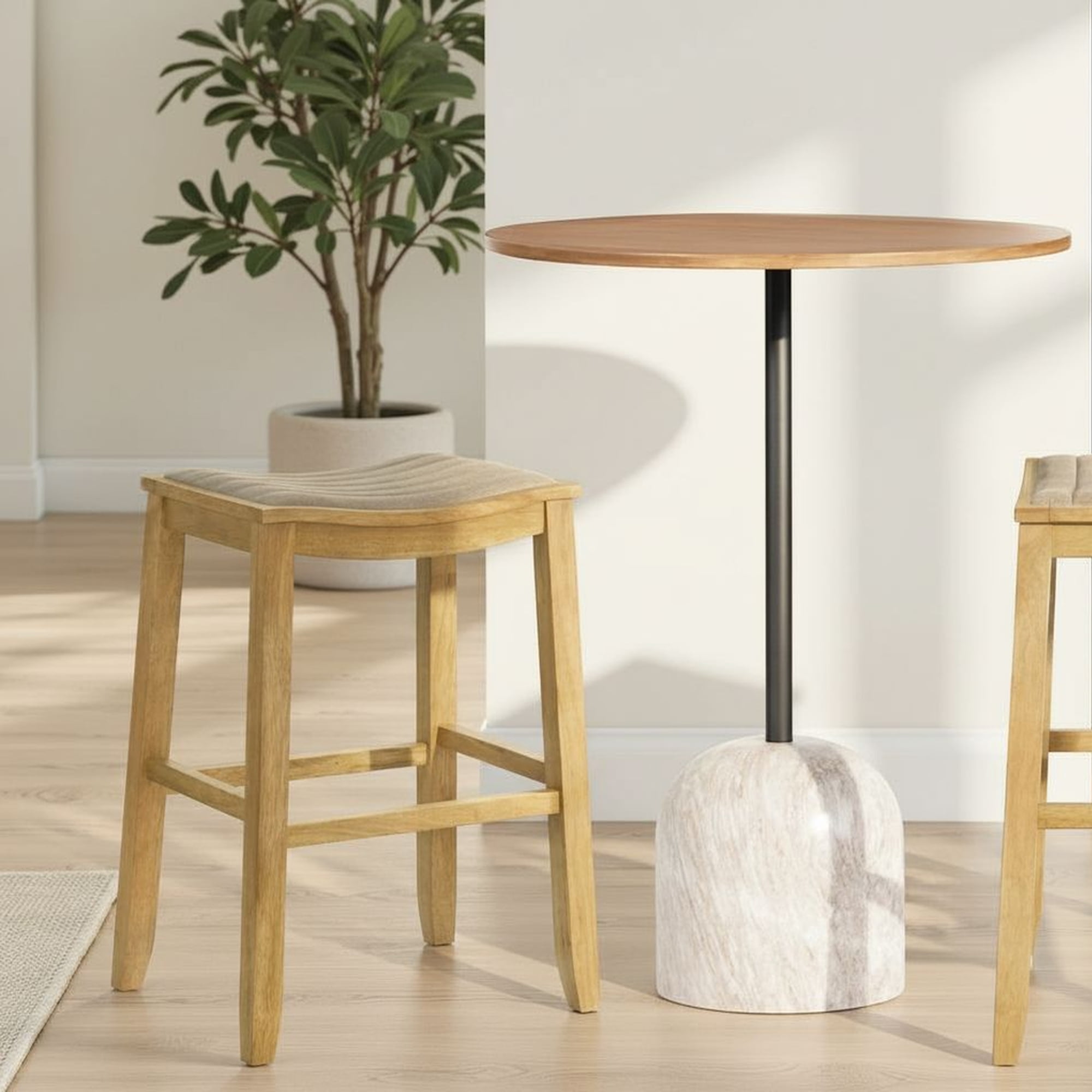 Iyani Coastal Modern Wood Bar Height Kitchen Bar Stool in Amber Glow Finish with Twilight Taupe Fabric Upholstered Seat