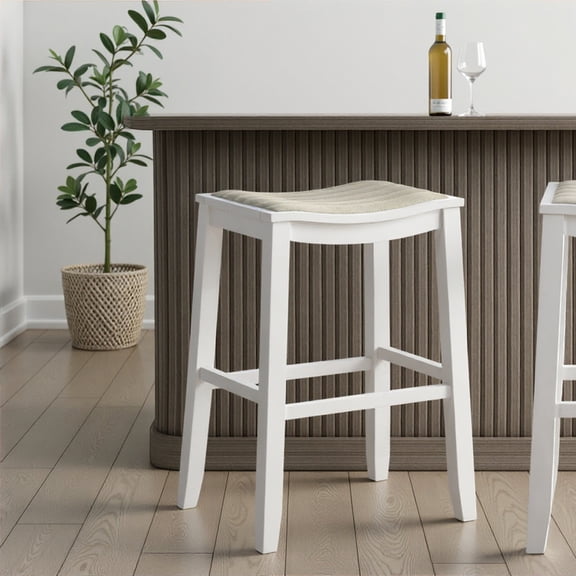 Iyani Coastal Modern Wood Bar Height Kitchen Bar Stool in White Finish with Dune Cloud Fabric Upholstered Seat - Set of 2