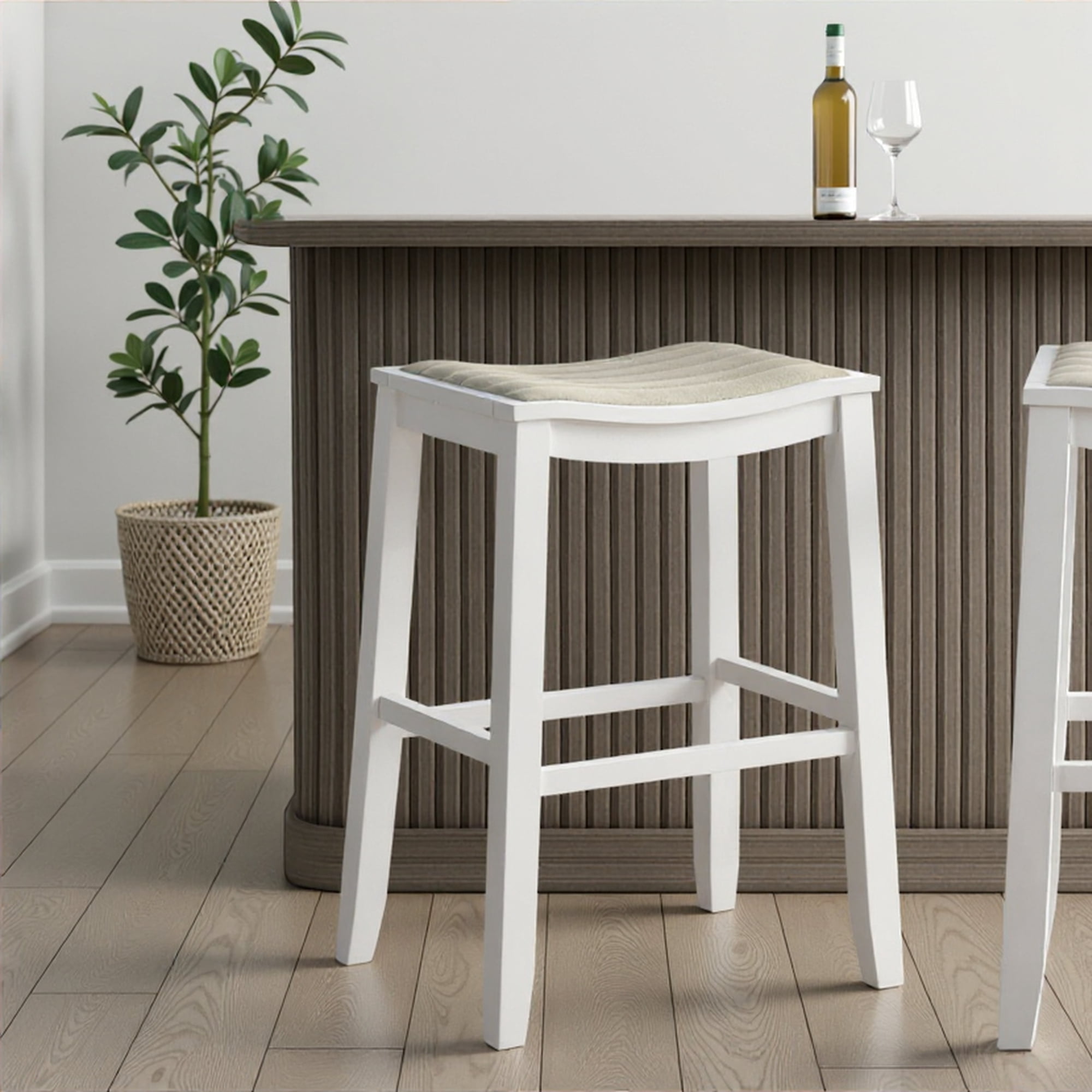 Iyani Coastal Modern Wood Bar Height Kitchen Bar Stool in White Finish with Dune Cloud Fabric Upholstered Seat - Set of 4