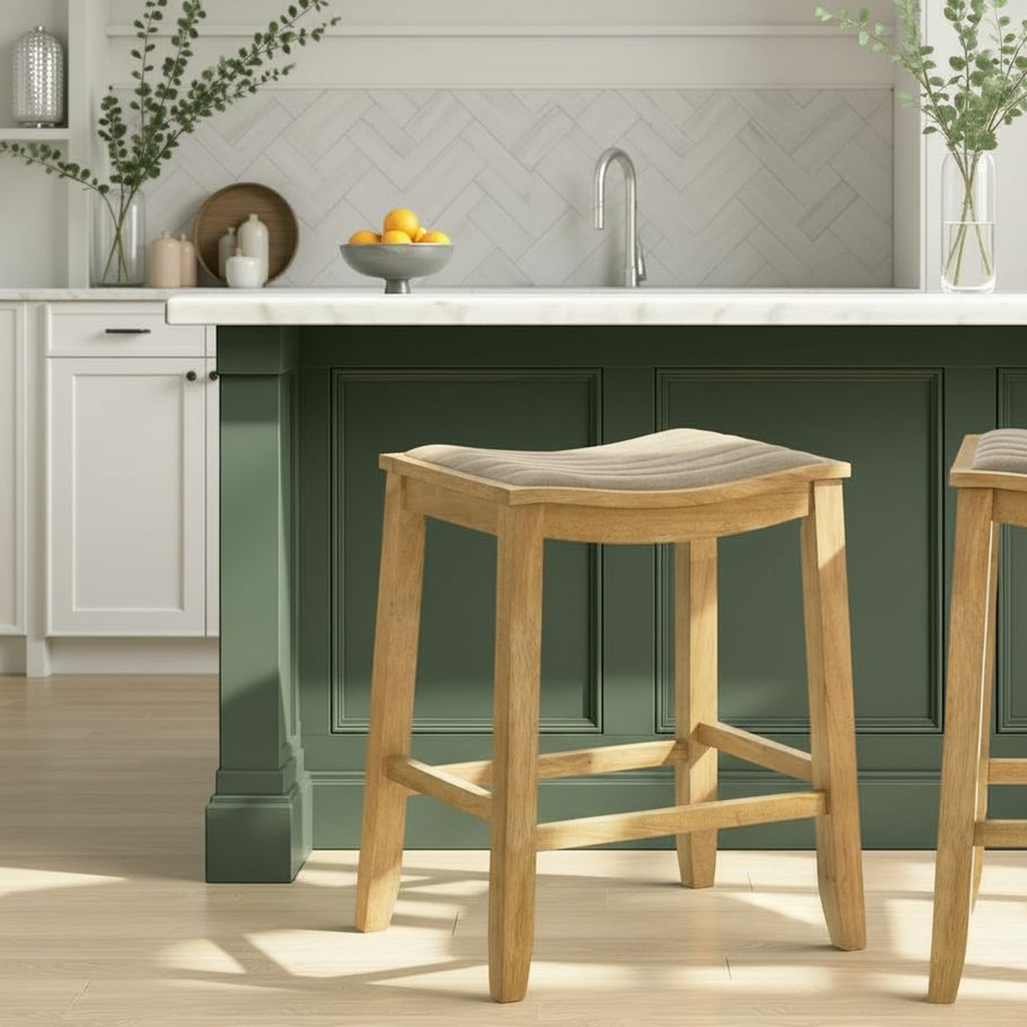 Iyani Coastal Modern Wood Counter Height Kitchen Bar Stool in Amber Glow Finish with Twilight Taupe Fabric Upholstered Seat - Set of 3