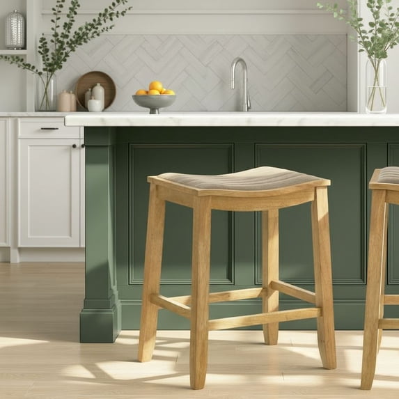 Iyani Coastal Modern Wood Counter Height Kitchen Bar Stool in Amber Glow Finish with Twilight Taupe Fabric Upholstered Seat - Set of 4