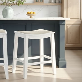 Iyani Wood Counter Height Kitchen Bar Stool in White with Dune Cloud Fabric Seat