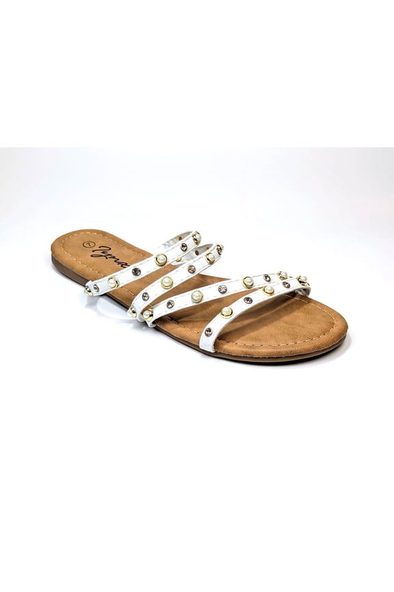 Women's White Multistrap Rhinestone and Pearl Slide Size 6 - 11