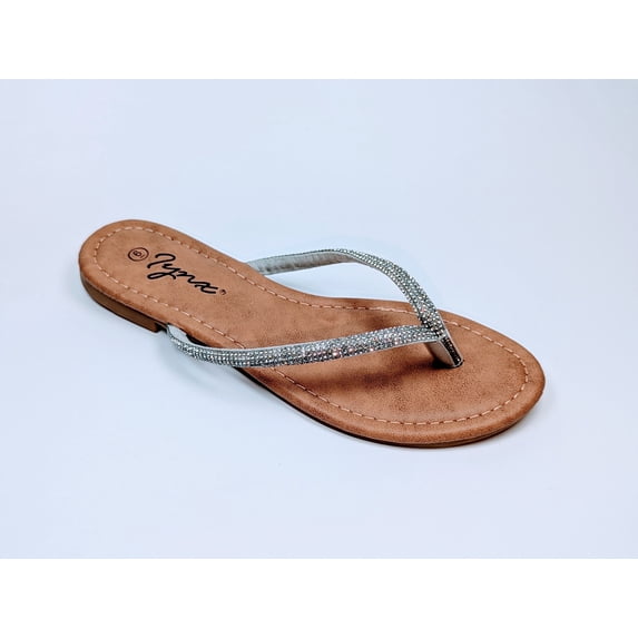 Iynx Women's Sandals Rhinestone Thong Flip Flop, Silver, Size 6-10