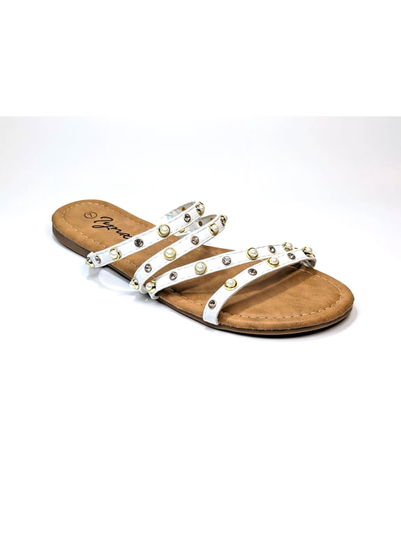 Women's White Multistrap Rhinestone and Pearl Slide Size 6 - 11