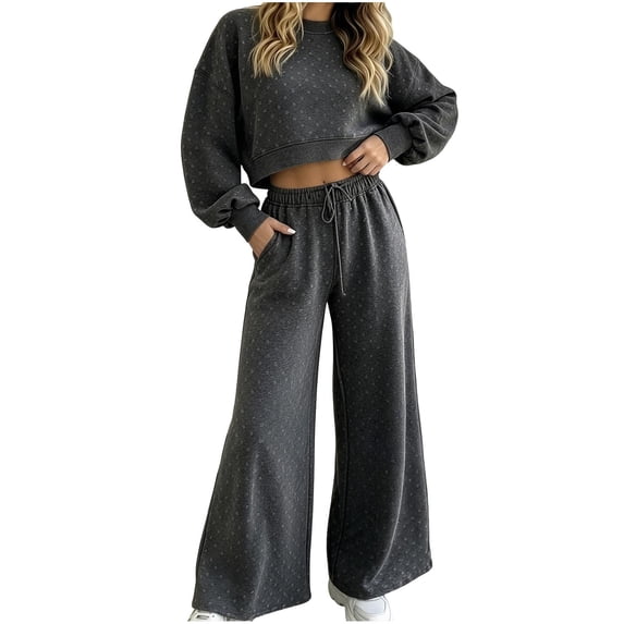 Iyufng 2 Piece Polka Dot Outfits for Women, Cropped Sweatshirt Drawstring Wide Leg Pants with Pockets Casual Loungewear Matching Set