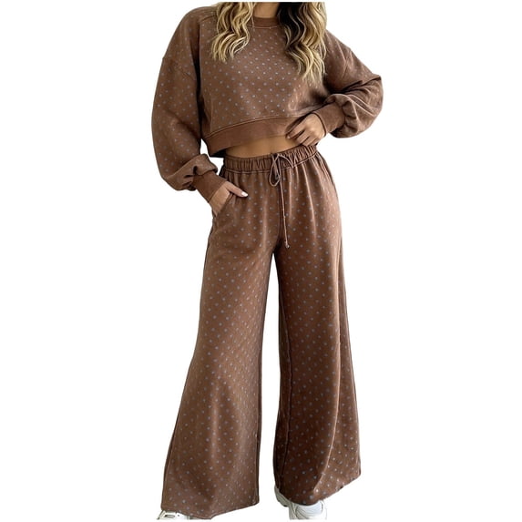 Iyufng 2 Piece Polka Dot Outfits for Women, Cropped Sweatshirt Drawstring Wide Leg Pants with Pockets Casual Loungewear Matching Set