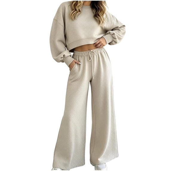 Iyufng 2 Piece Polka Dot Outfits for Women, Cropped Sweatshirt Drawstring Wide Leg Pants with Pockets Casual Loungewear Matching Set