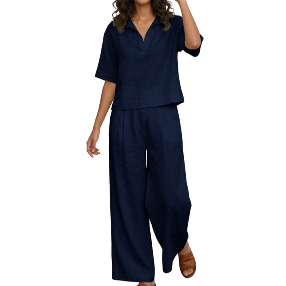Iyufng 2 Piece Sets for Women Short Sleeve Collared Tops with Wide Leg Pant Lounge Sets