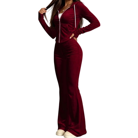 Iyufng 2 Piece Velvet Sets for Women Cropped Zip Up Hooded Jacket and Elastic Waist Flare Pants Tracksuit Outfit with Side Pockets