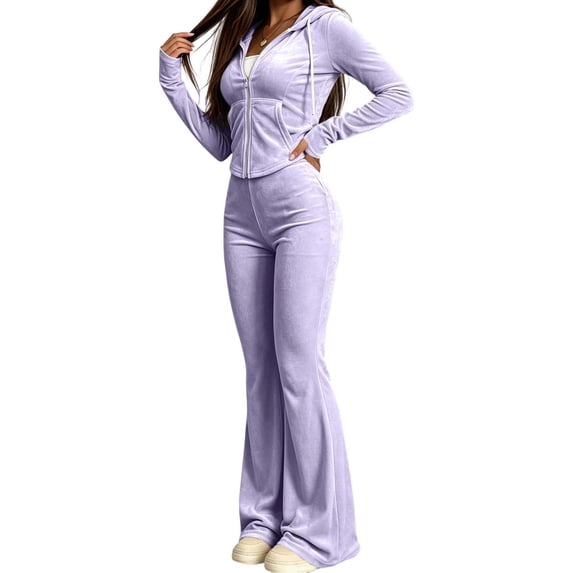 Iyufng 2 Piece Velvet Sets for Women Cropped Zip Up Hooded Jacket and Elastic Waist Flare Pants Tracksuit Outfit with Side Pockets