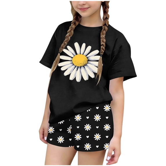 Iyufng 2 Pieces Outfit for Girls, Summer Printed Casual T-Shirt and Shorts Set