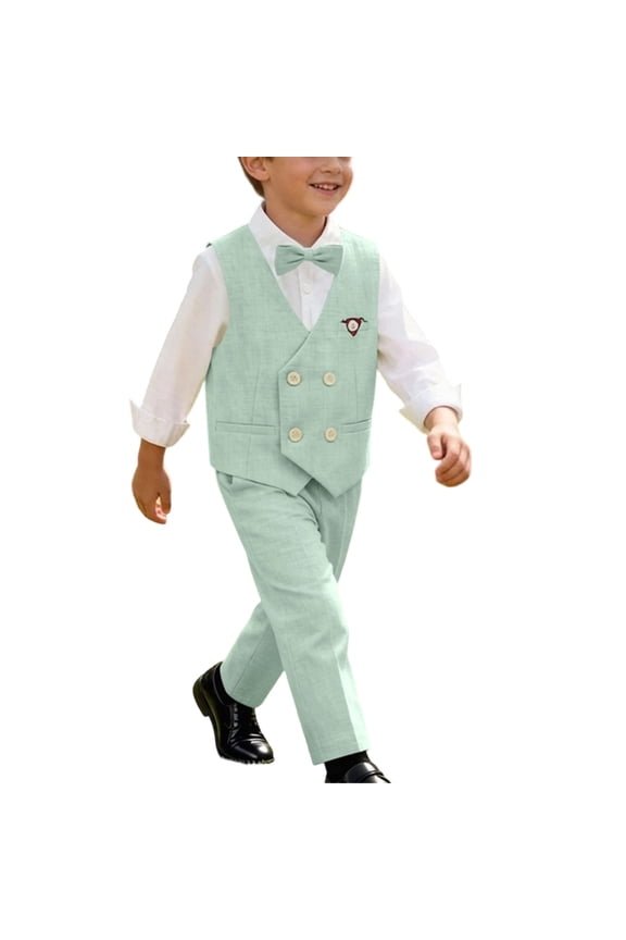 3 Piece Boys' Formal Vest Suit Sets, Summer Outfits for Boys, Collared Shirt with Trousers, Hat Set, Size 1-8 Years