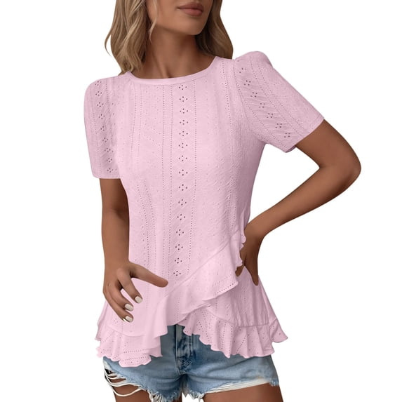 Iyufng Blouses for Women Short Sleeve Round Neck Shirts Summer Casual Ruffled Hem Tops