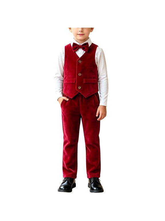 Boys 4 Piece Formal Velvet Suit Sets, Kids Wedding Party Performance Outfit, Ages 0–10