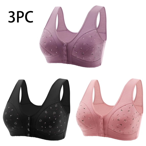 Iyufng Bras for Women Plus Size,Push Up Wireless Bra Front Closure,3PC Sexy Middle-Aged and Elderly Printed Front Buckle Without Steel Ring Soft Cotton Underwear Bra